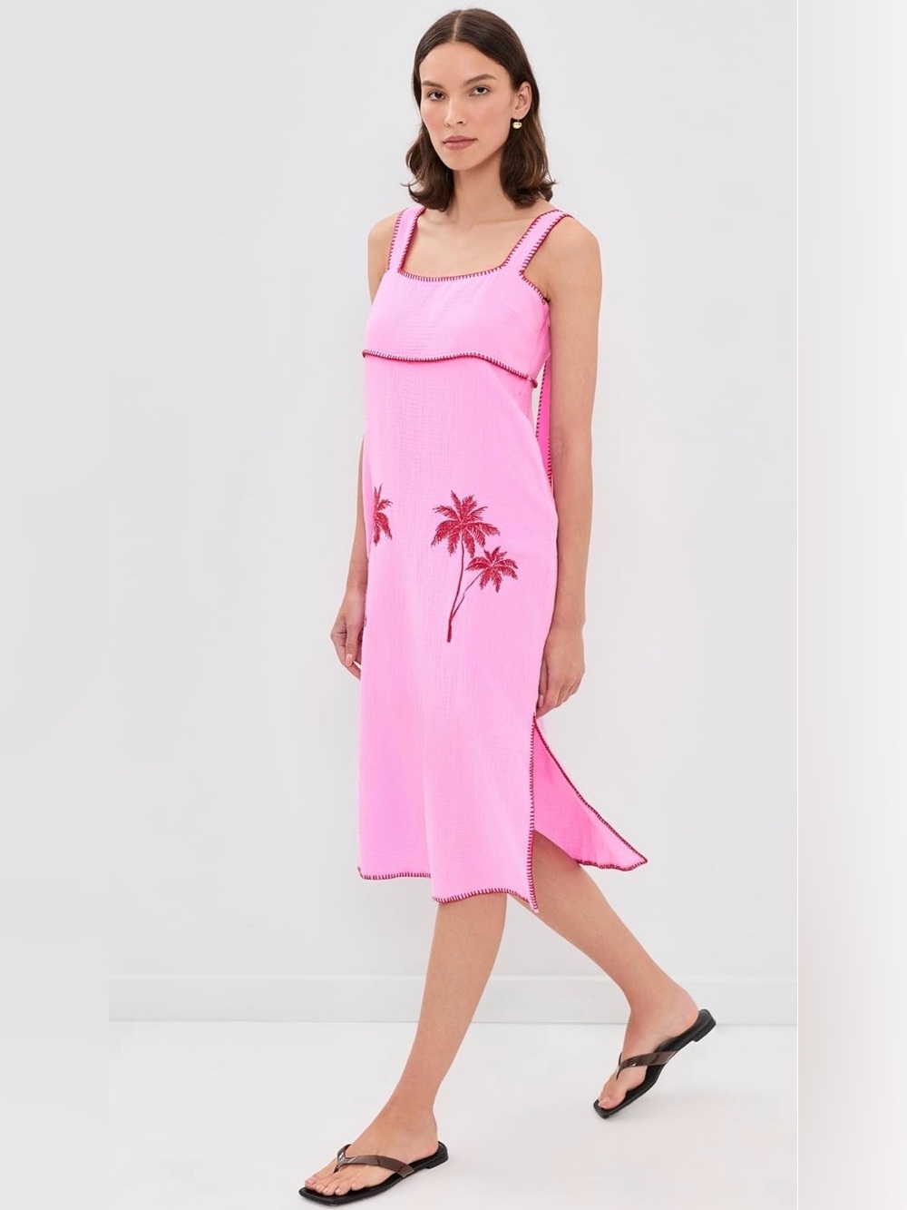 English Factory Pink Palm-Embroidered Sleeveless Midi Dress, size Medium